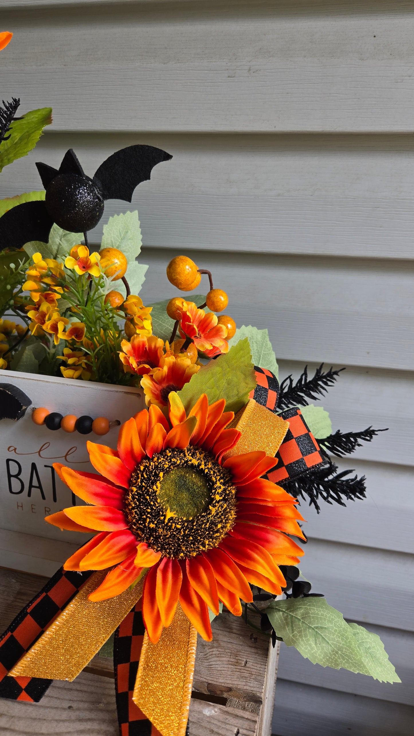 We're All a Little Batty Halloween Sunflower Floral Arrangement | Halloween Table Centerpiece