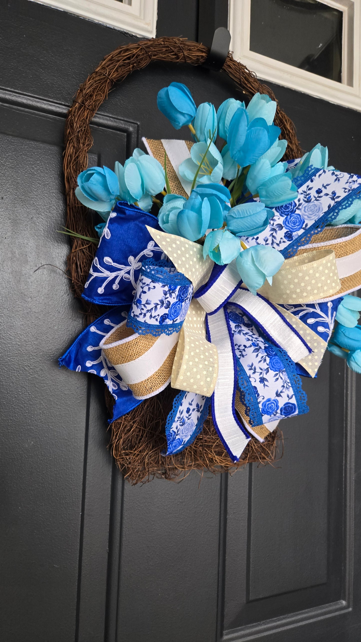 Blue Spring Tulip Twig Basket Wreath | Farmhouse Front Door Decor | Blue & White Floral Door Hanger | Everyday Spring Wreath
