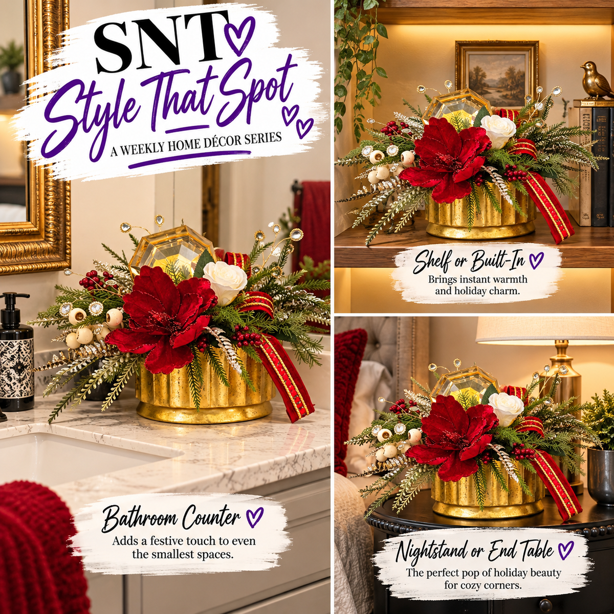 Red & Gold Christmas Floral Centerpiece | Magnolia Holiday Arrangement | Luxury Table Decor