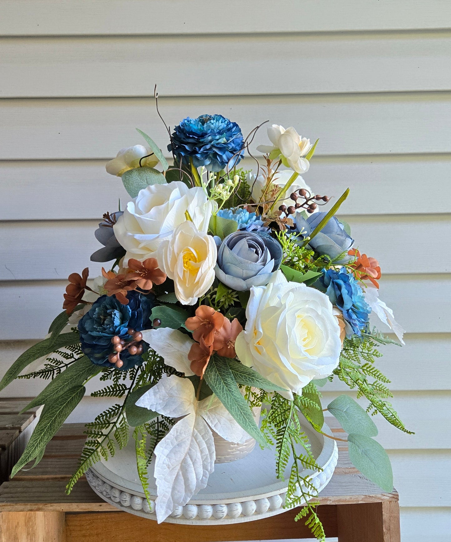 Blue Ranunculus & Cream Rose Floral Arrangement in Ceramic Planter | 16" Luxury Centerpiece