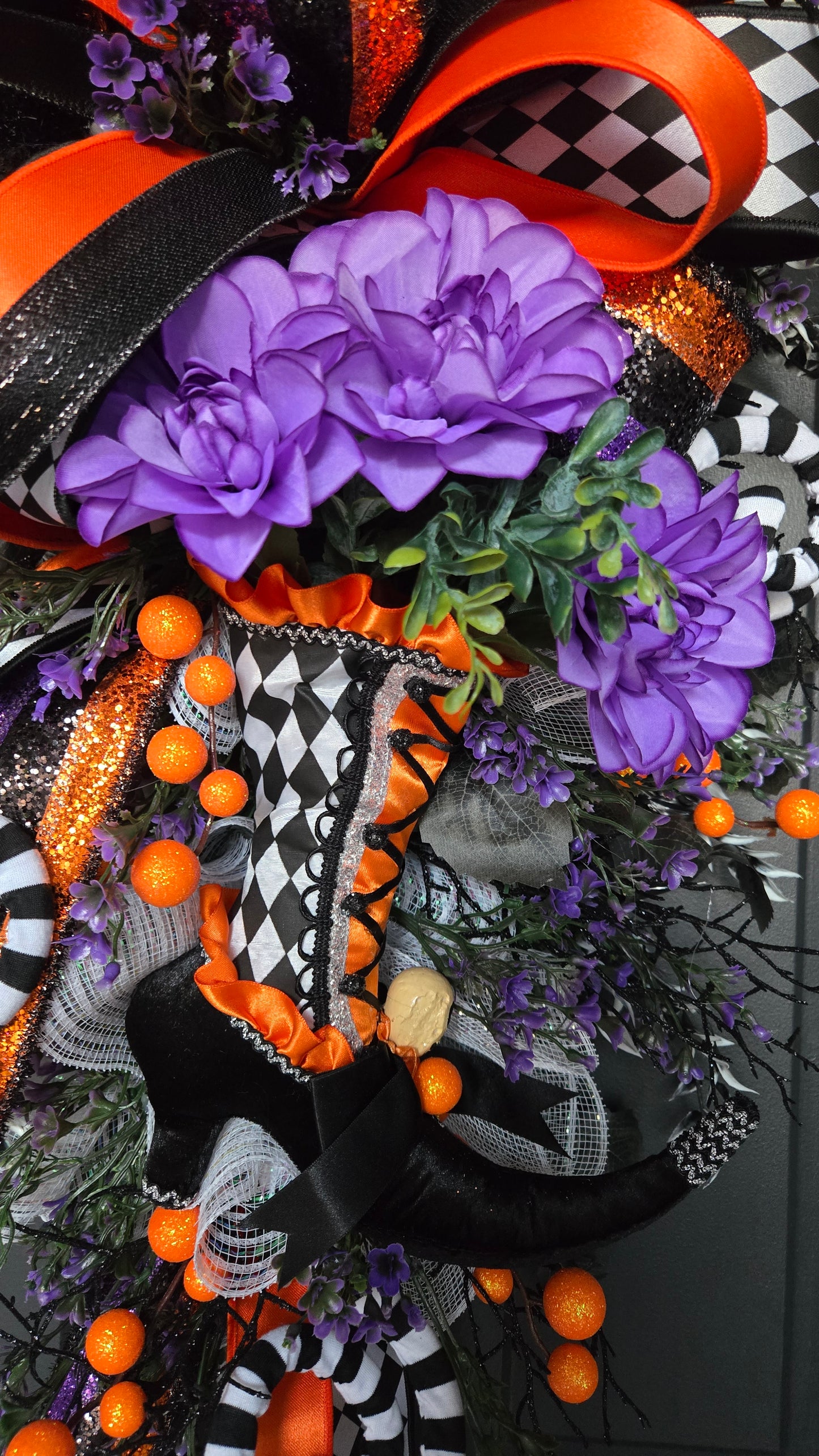 Witch Boot Halloween Swag – Black Orange Purple Front Door Wreath