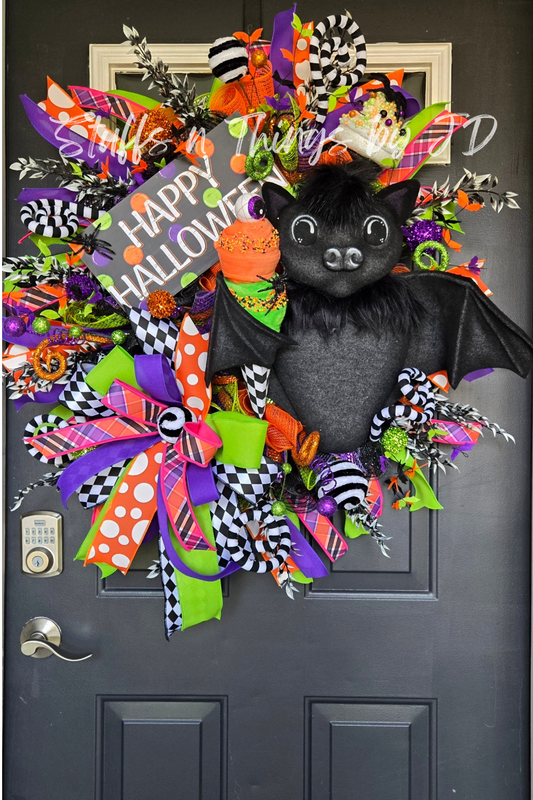Whimsical Happy Halloween Bat Wreath – Extra Large Door Decor