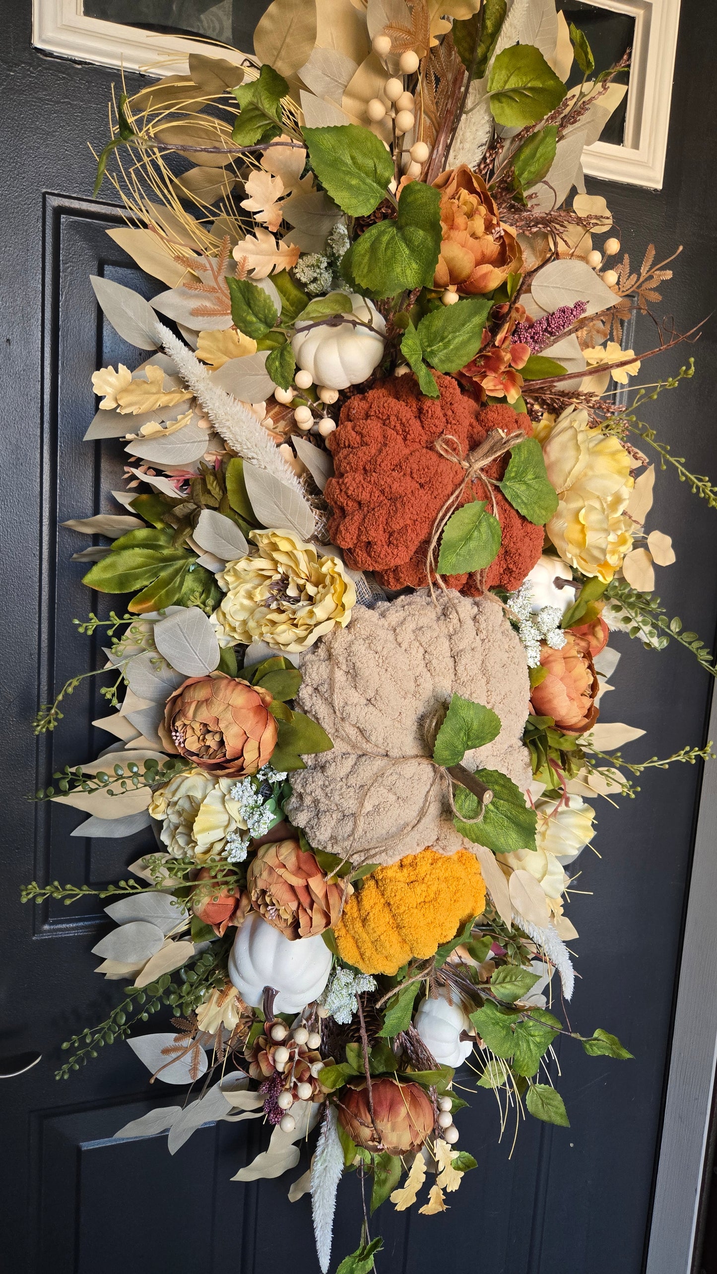 Fall Pumpkin Centerpiece or Door Swag – Rustic Harvest Décor with Handmade Knit Pumpkins