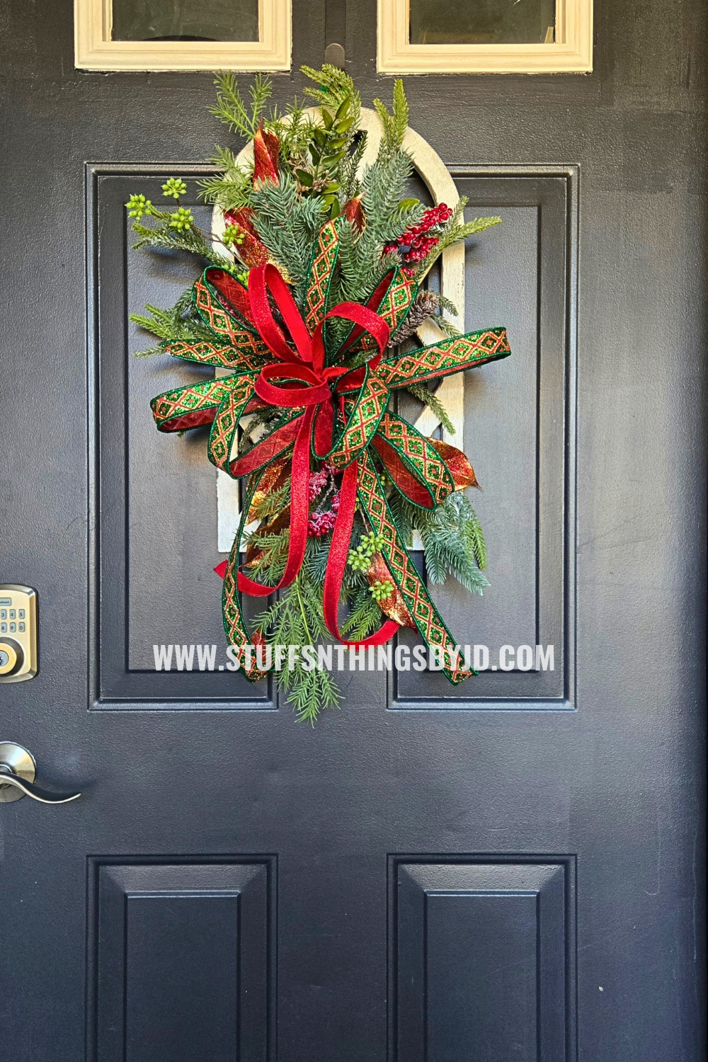 Christmas Window Pane Hanger, Red & Green Holiday Greenery Door & Wall Décor, Holiday Wall Hanging