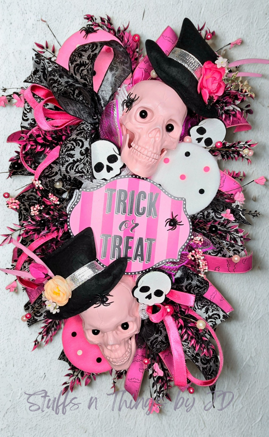 Halloween Swag Wreath – Pink & Black Skull Trick or Treat Door Hanger with Top Hats