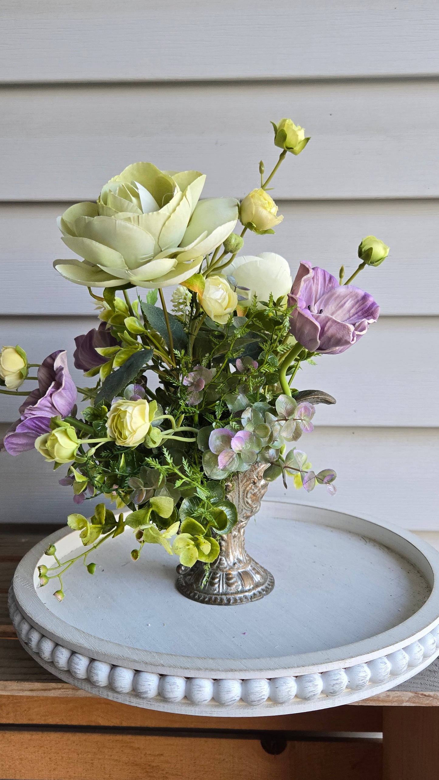 Vintage Ewer Floral Arrangement with Sage Green Ranunculus & Lavender Anemones