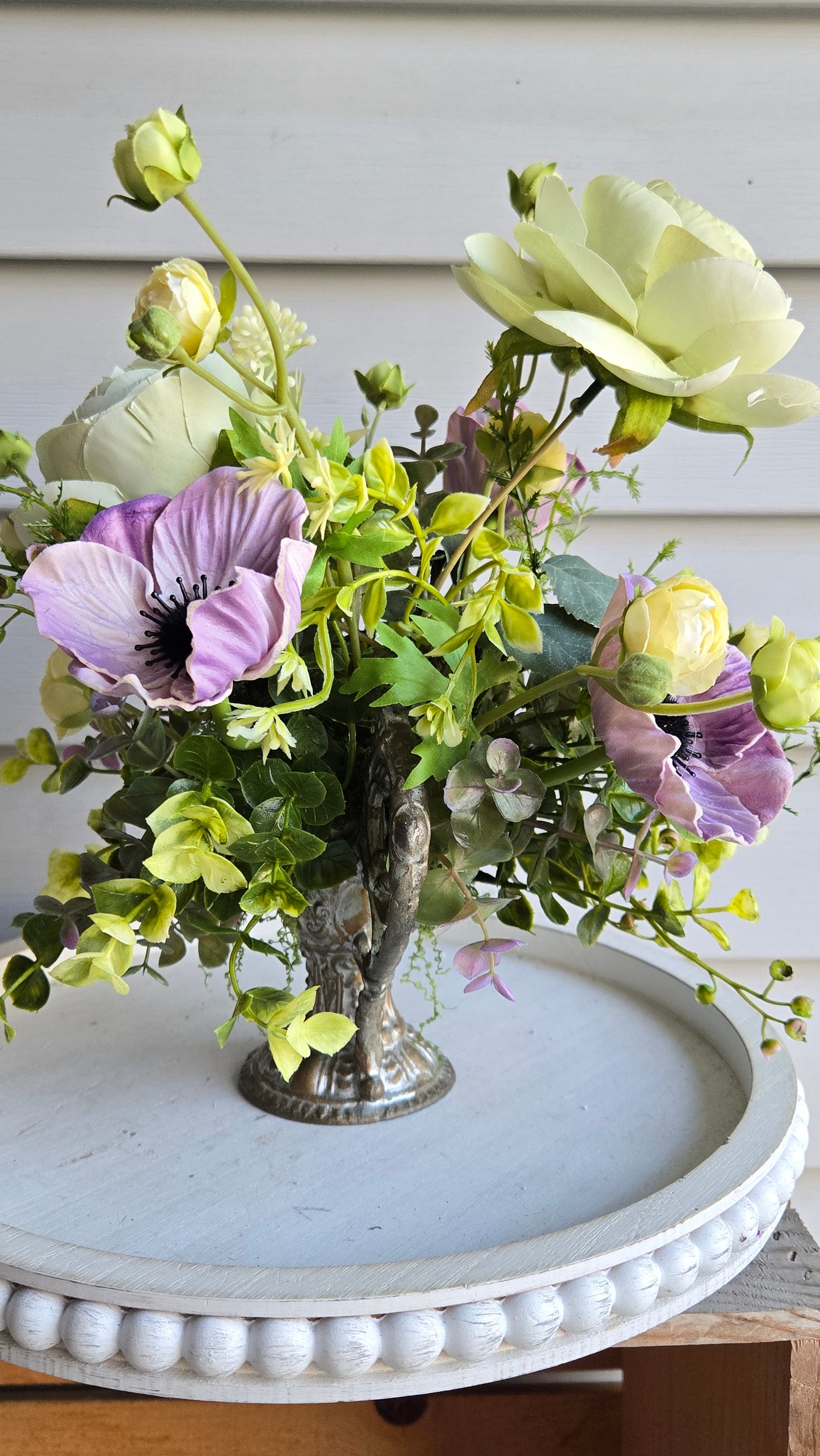 Vintage Ewer Floral Arrangement with Sage Green Ranunculus & Lavender Anemones