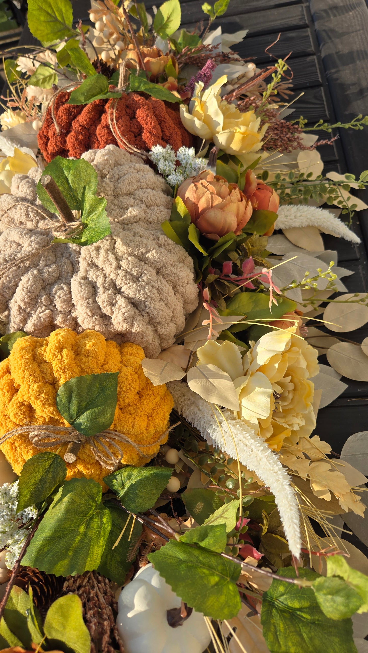 Fall Pumpkin Centerpiece or Door Swag – Rustic Harvest Décor with Handmade Knit Pumpkins