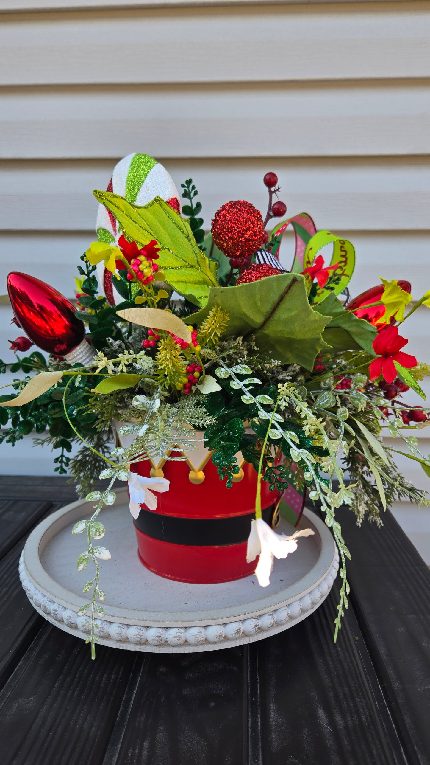 Whimsical Christmas Table Arrangement – Santa Belt Pot Centerpiece