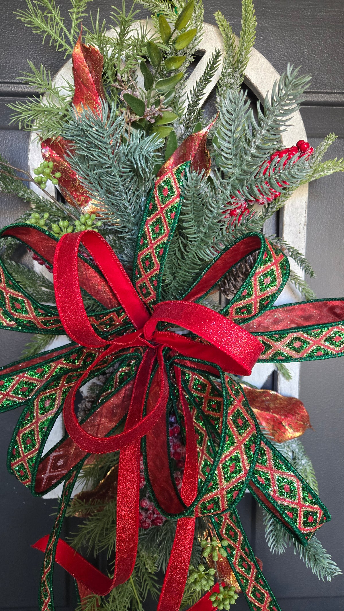 Christmas Window Pane Hanger, Red & Green Holiday Greenery Door & Wall Décor, Holiday Wall Hanging