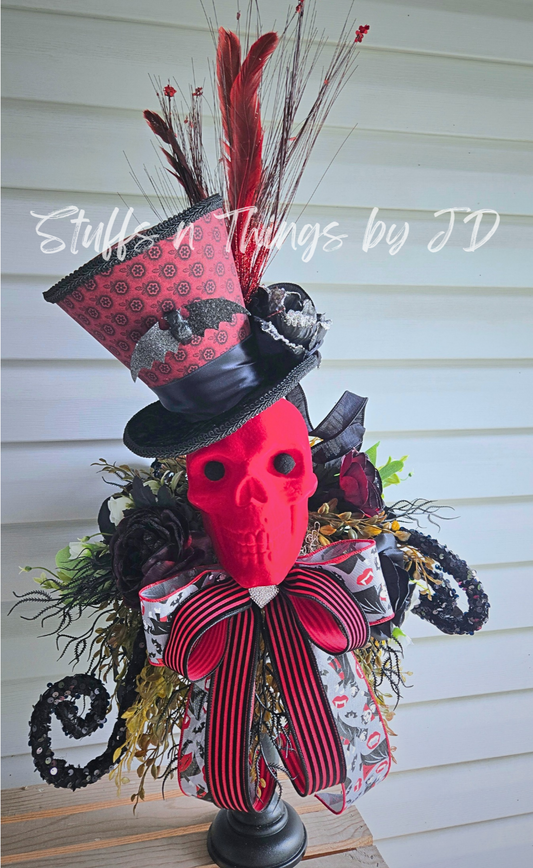 Bram Stoker’s Dracula Inspired Halloween Candlestick - Gothic Skull Haunted Centerpiece with Handmade Top Hat Table Decor