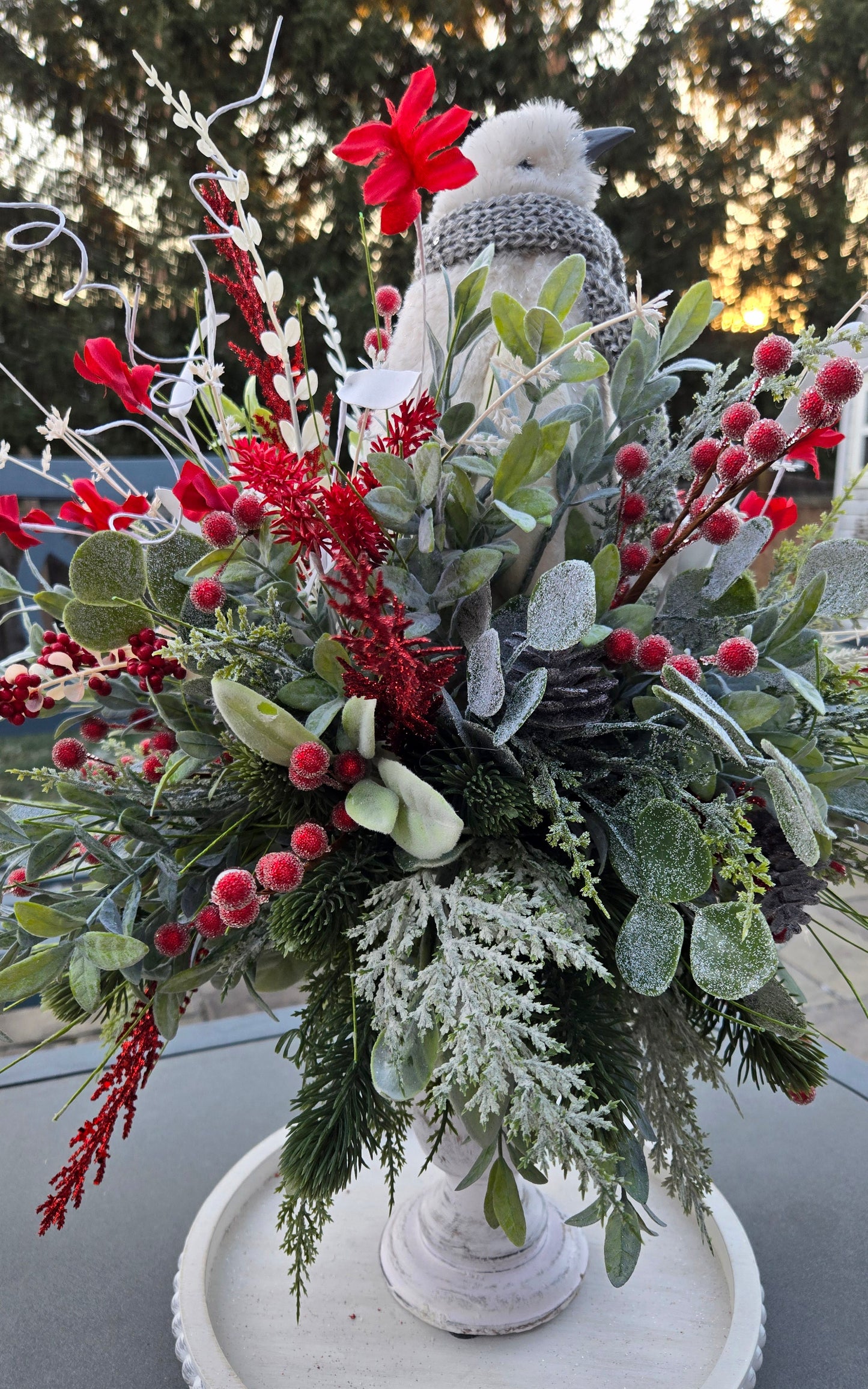 Winter Penguin Christmas Candlestick Centerpiece | Elegant Red, White & Silver Holiday Table Decor