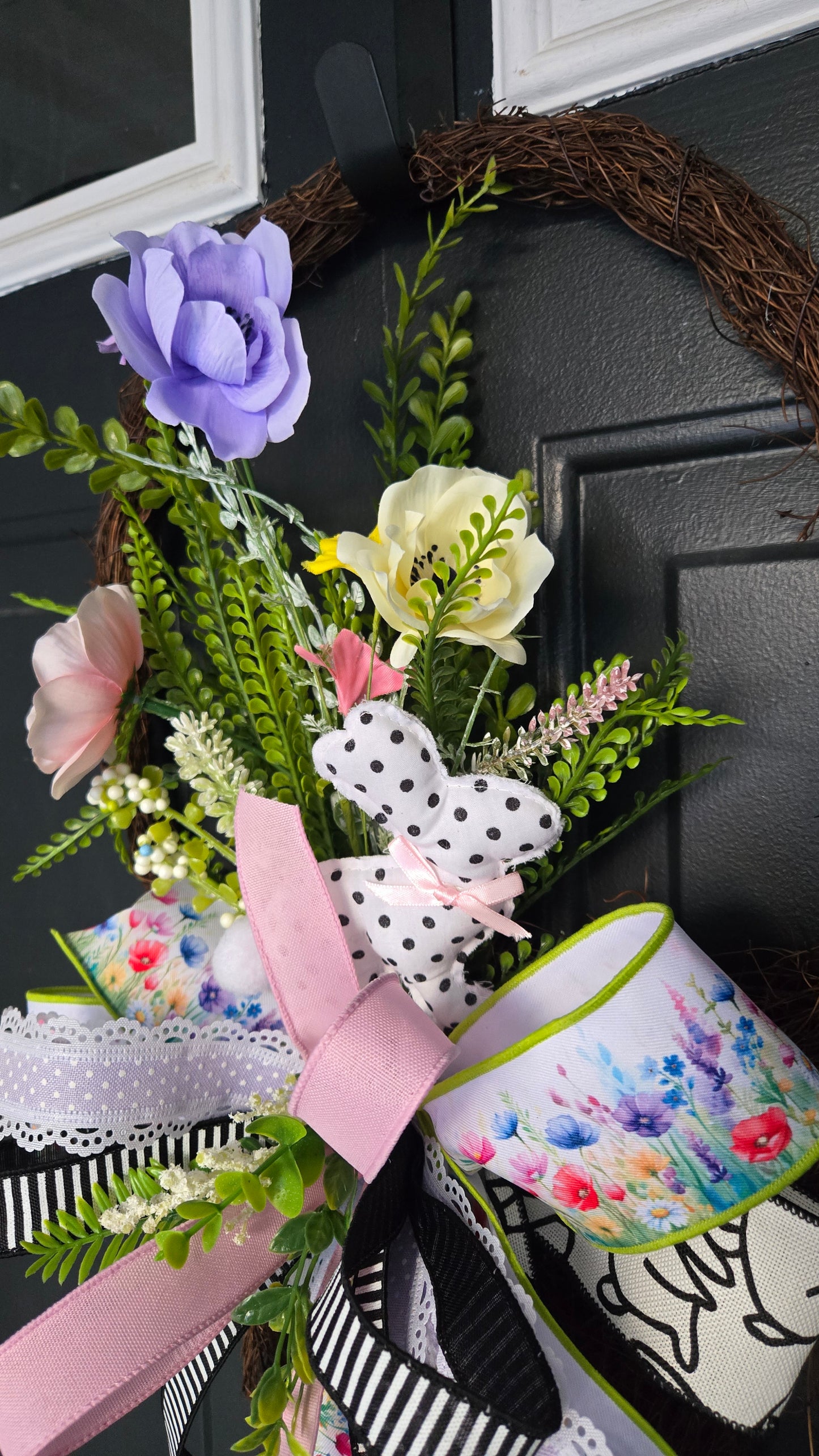 Spring Basket Door Hanger | Floral Grapevine Basket Wreath | Easter Front Door Decor | Cottage Farmhouse Wall Hanging