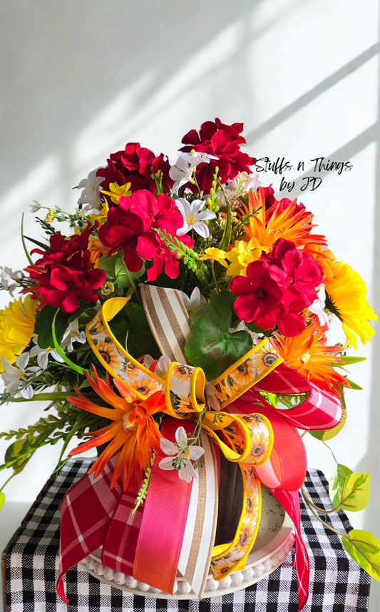 Sunflower & Geranium Faux Flower Arrangement in Rustic Wood Planter