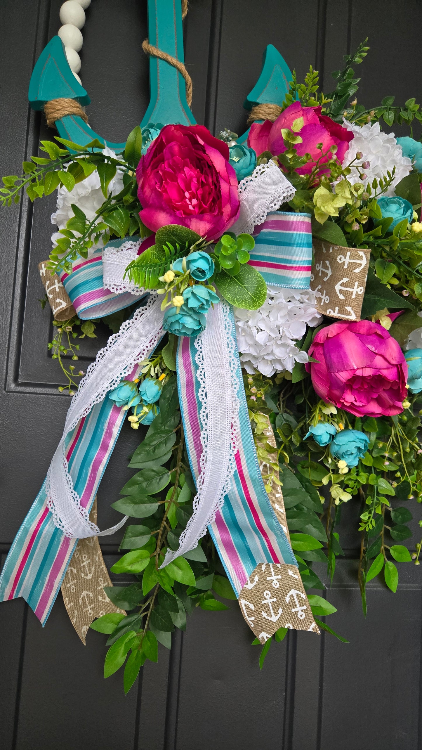 Coastal Bead Wreath with Turquoise Anchor & Lush Florals | Oversized Front Door Statement