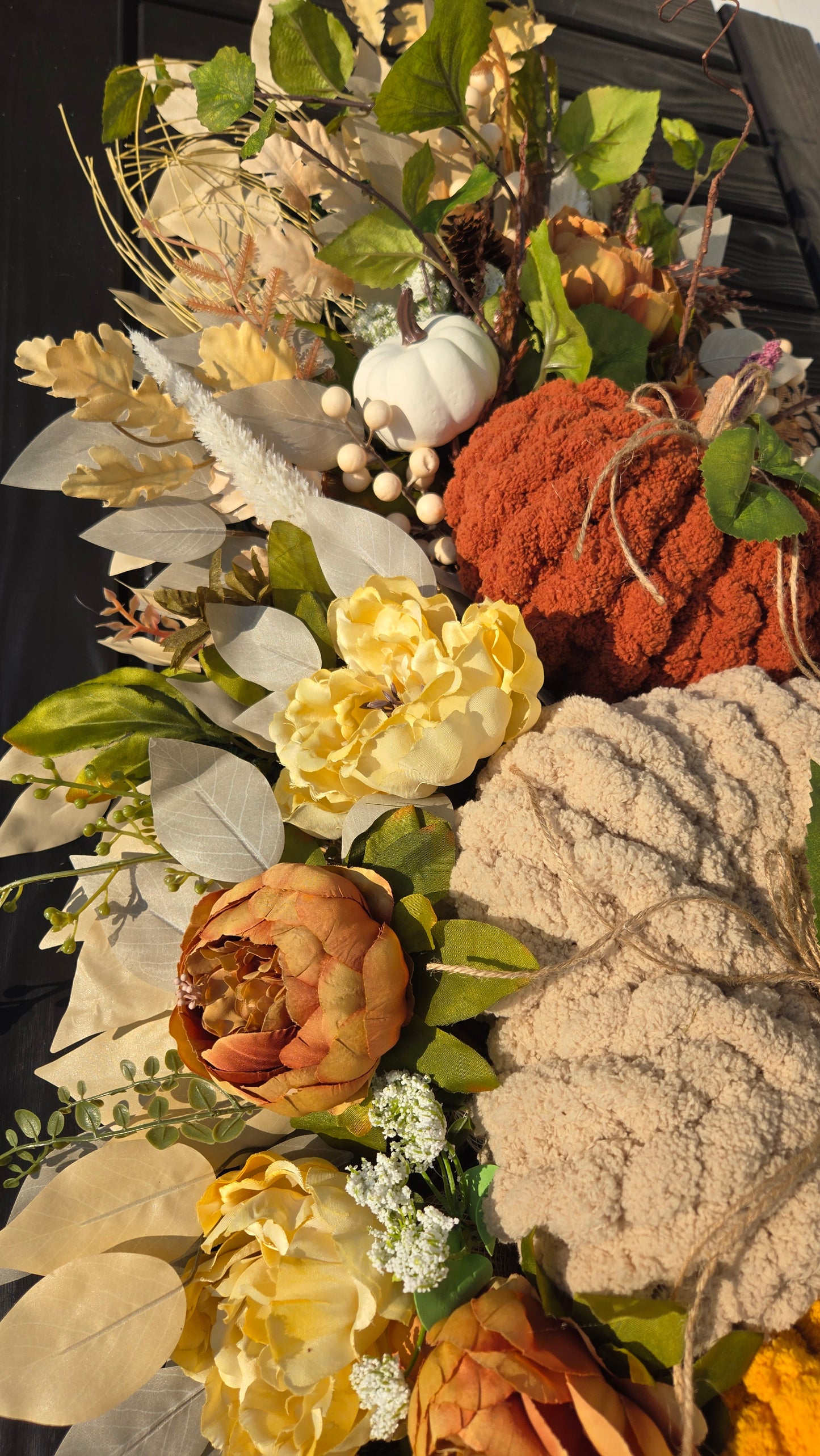 Fall Pumpkin Centerpiece or Door Swag – Rustic Harvest Décor with Handmade Knit Pumpkins