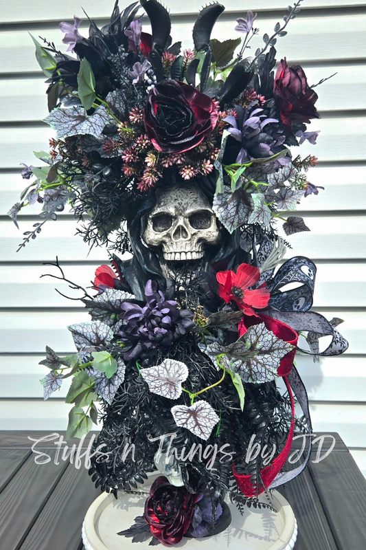 Goth Skull Floral Candlestick Arrangement – Dark Romantic Skull Planter Halloween Decor