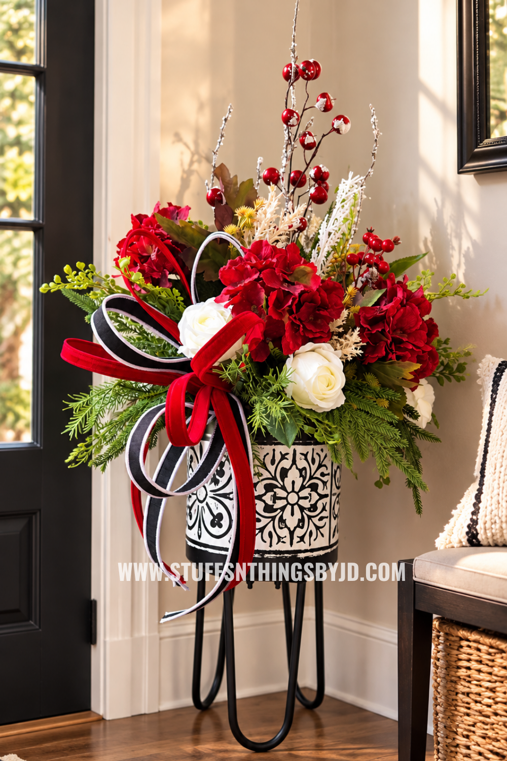 Style That Spot Crimson & Evergreen Floor Arrangement | Black, White & Red Holiday Plant Stand