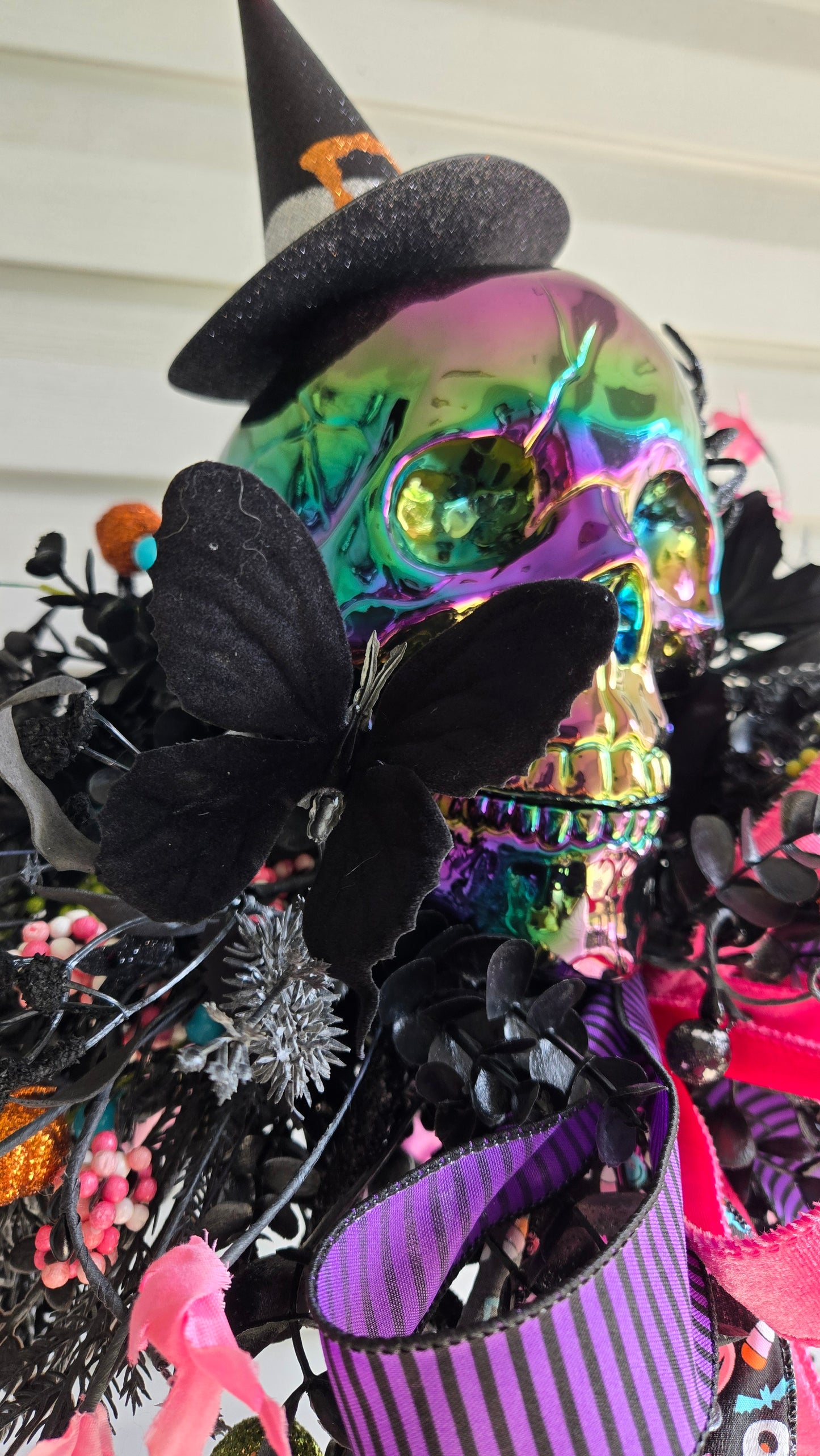 Halloween Witches Broom Skull Centerpiece | Colorful Witch Hat Table Decor | One-of-a-Kind Spooky Arrangement