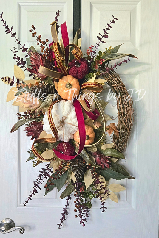 Fall Wreath - Burgundy Eucalyptus and Pumpkin Grapevine Wreath for Autumn Door Decor