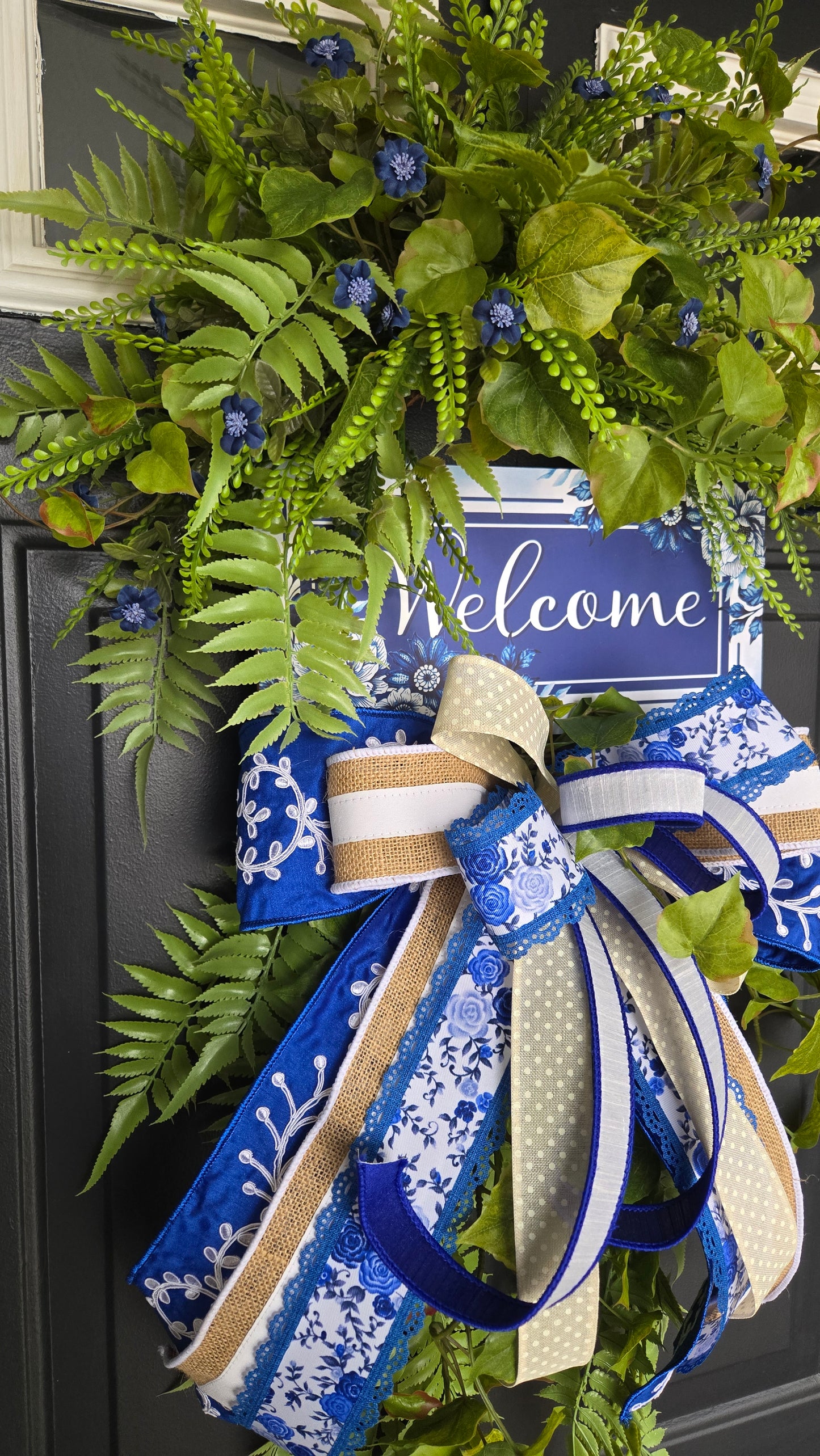 Chinoiserie Welcome Wreath | Everyday Greenery Door Wreath | Farmhouse Front Door Decor | All Season Fern Wreath with Bow