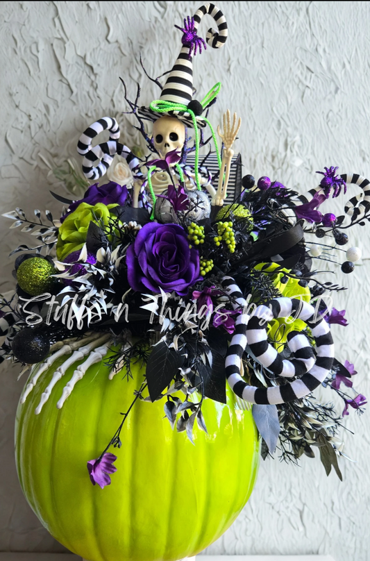 Halloween Centerpiece - Beetlejuice Inspired Witchy Skeleton on a Pumpkin