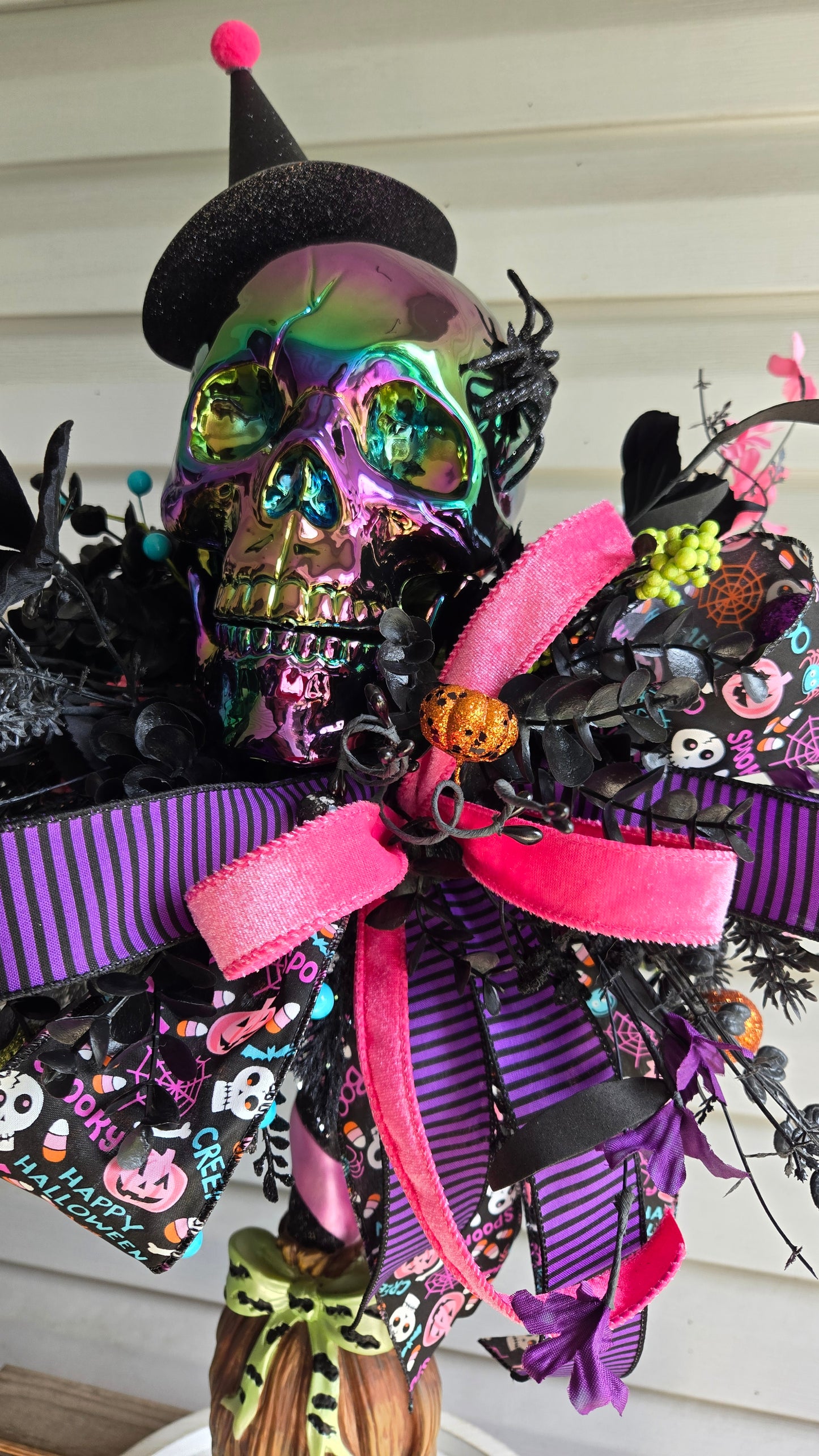 Halloween Witches Broom Skull Centerpiece | Colorful Witch Hat Table Decor | One-of-a-Kind Spooky Arrangement