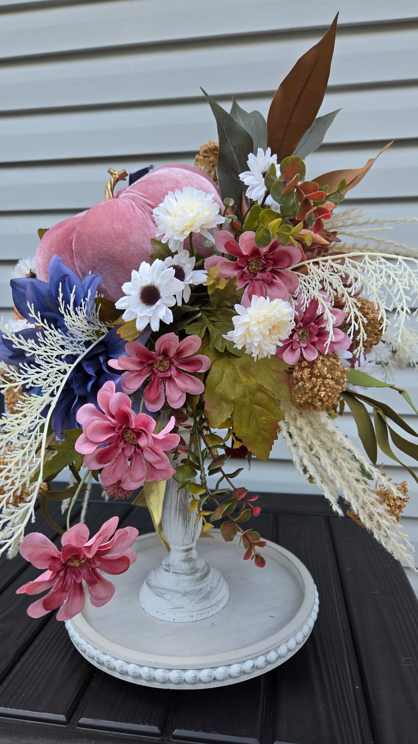 Glam Boho Chic Fall Arrangement - Velvet Pink Pumpkin Candlestick