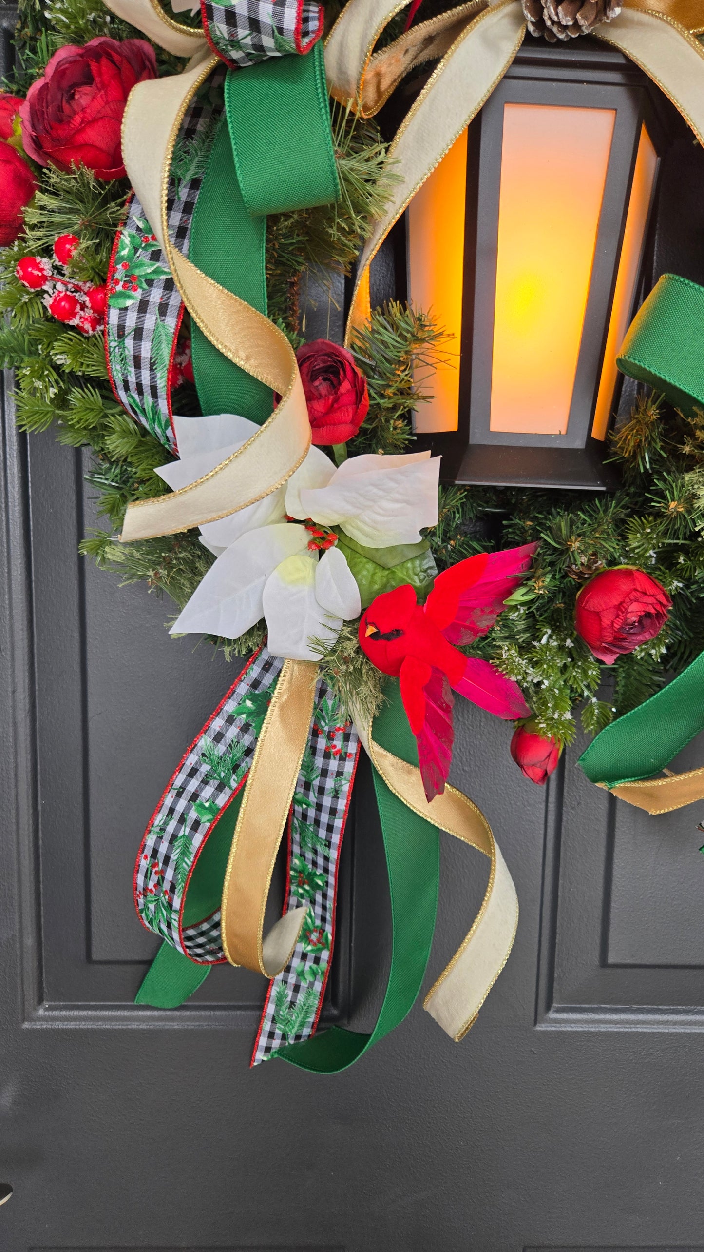 Lantern Christmas Wreath with Lights – Red & White Poinsettia Wreath