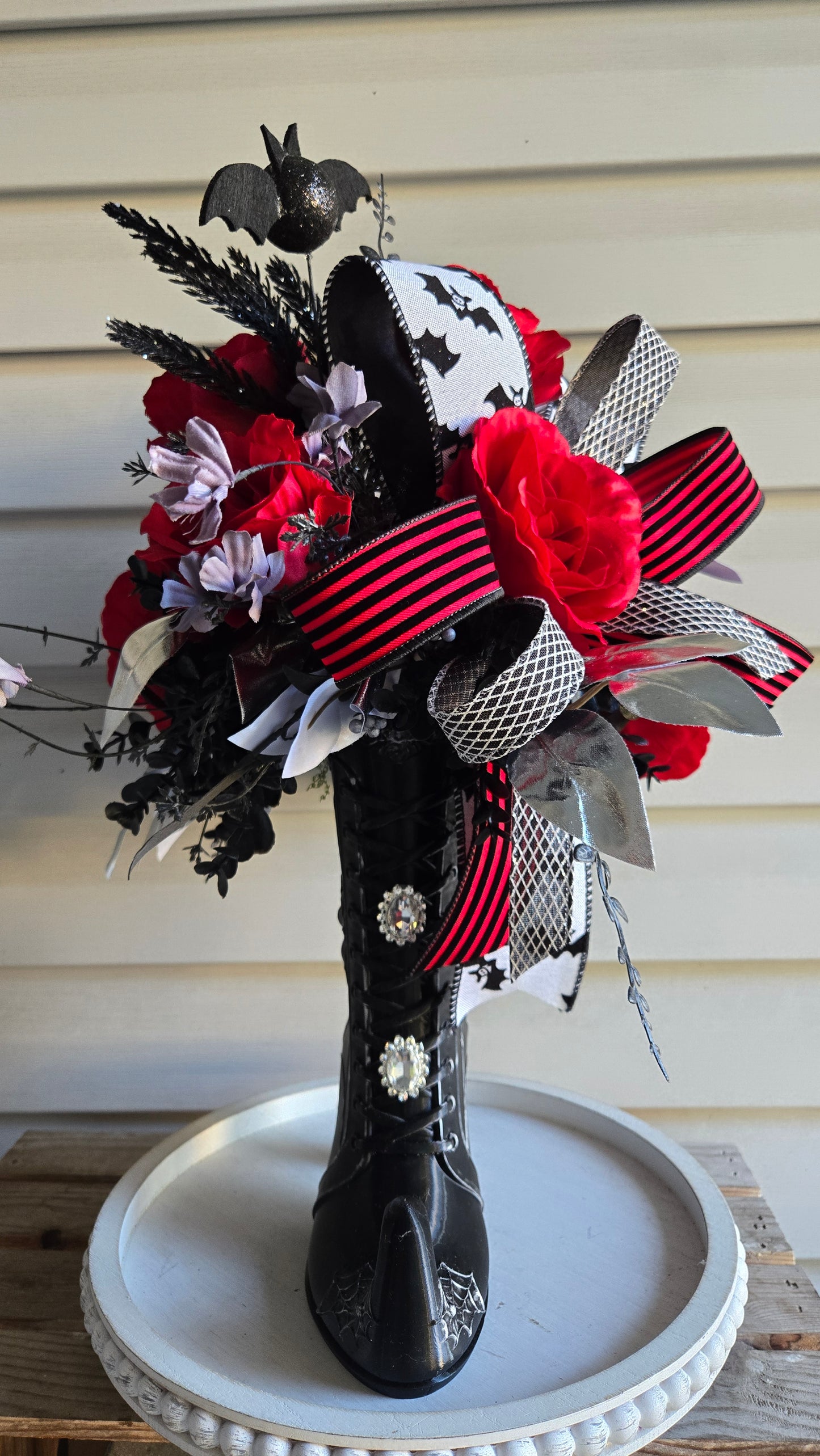 Whimsical Witch Boot Floral Arrangement | Gothic Halloween Centerpiece with Red Roses & Bats