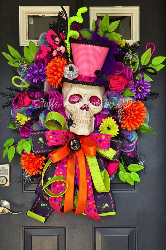 Neon Halloween Skull Wreath with Pink Top Hat | XL Colorful Halloween Front Door Decor