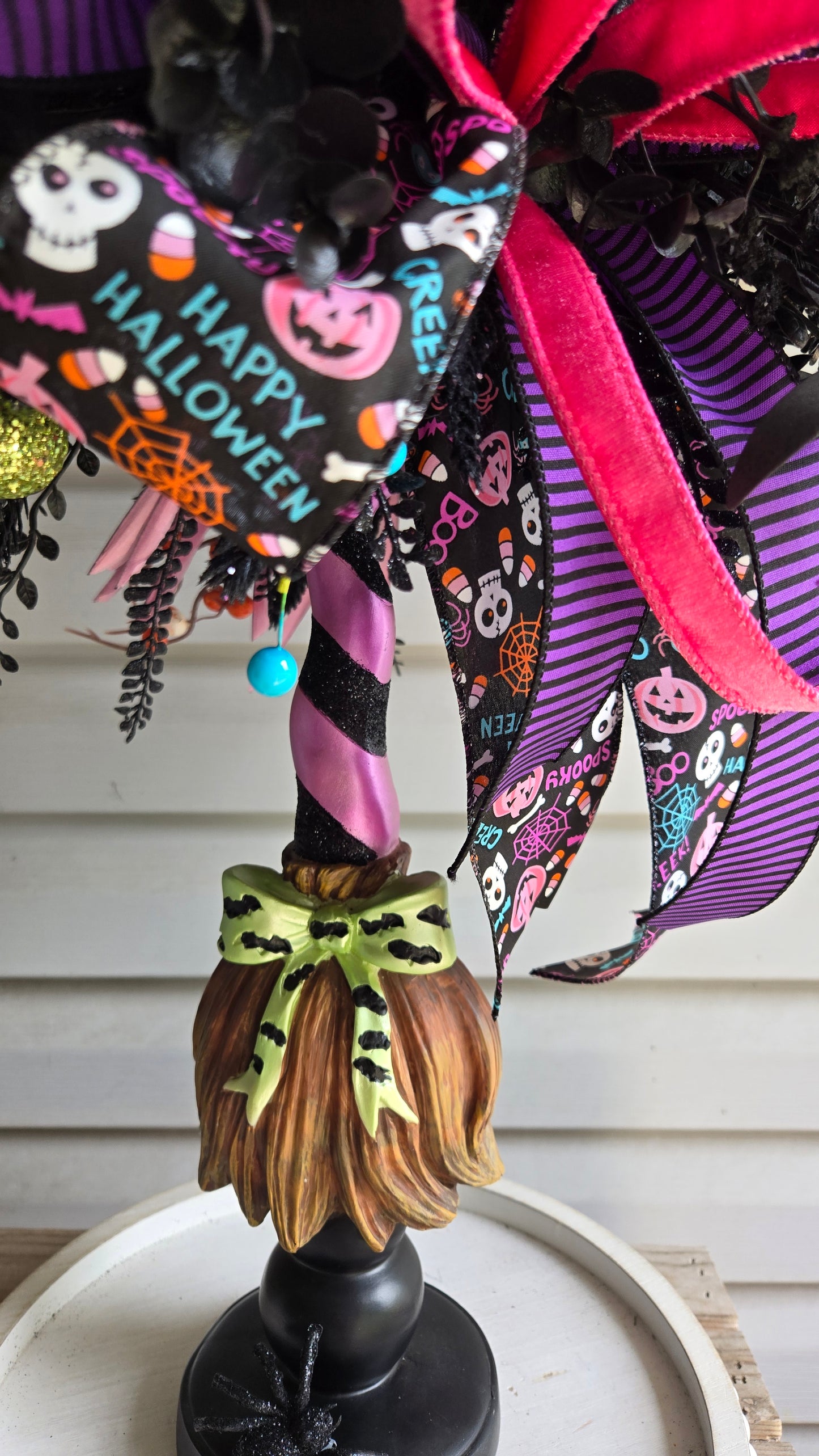 Halloween Witches Broom Skull Centerpiece | Colorful Witch Hat Table Decor | One-of-a-Kind Spooky Arrangement