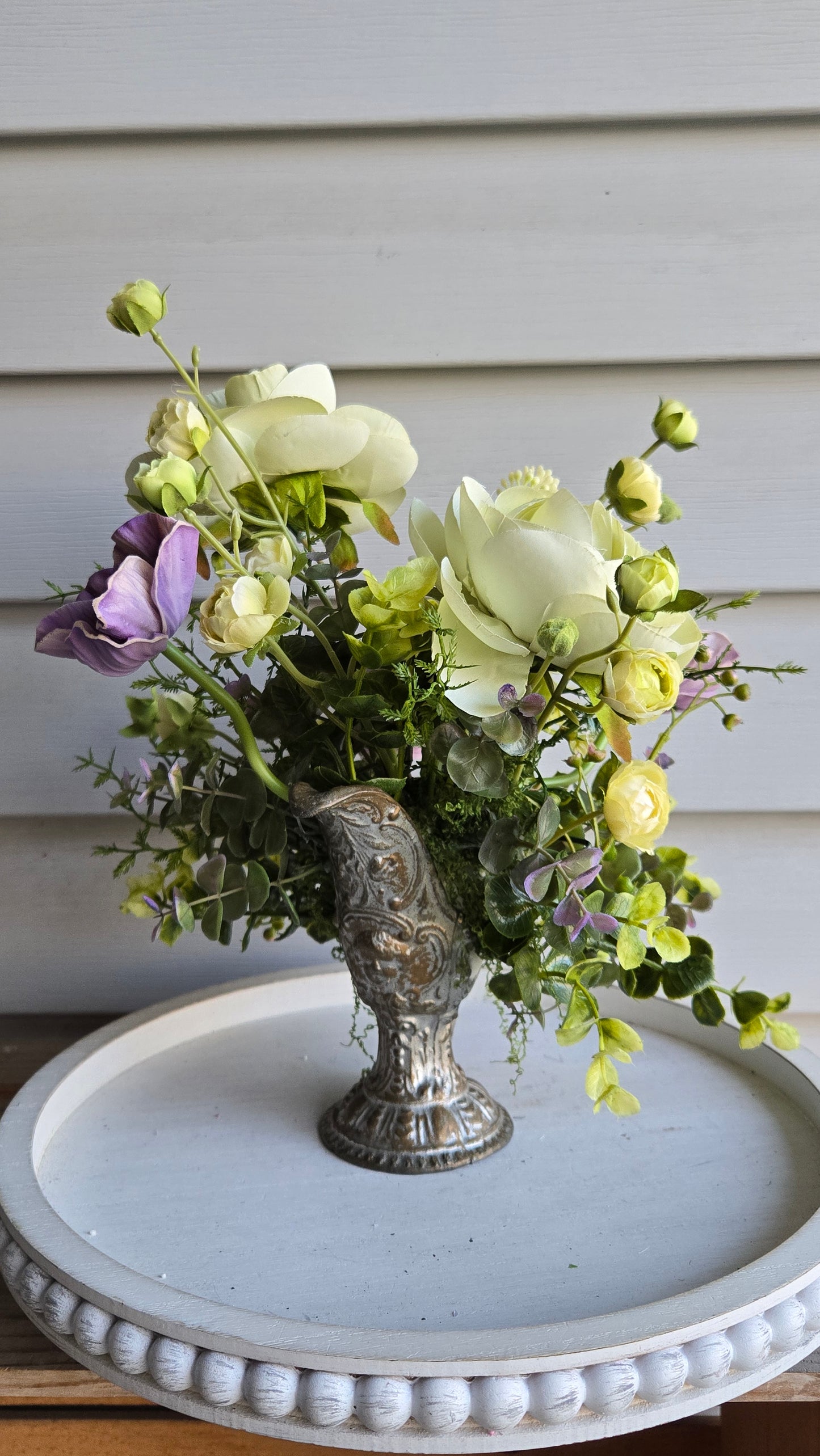 Vintage Ewer Floral Arrangement with Sage Green Ranunculus & Lavender Anemones