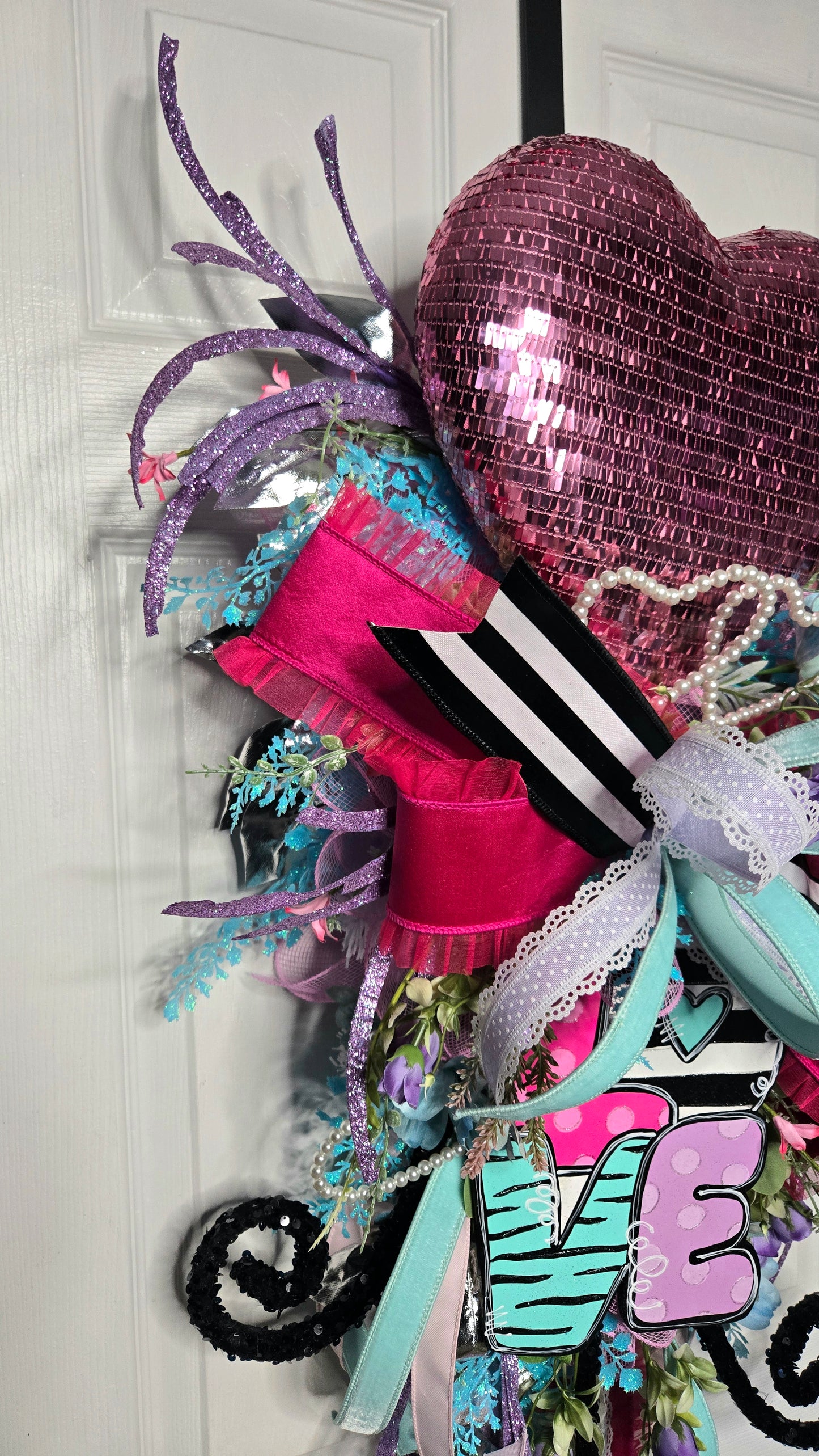 Valentine Love Swag Wreath - Pink Sequin Heart Wall/Door Decor
