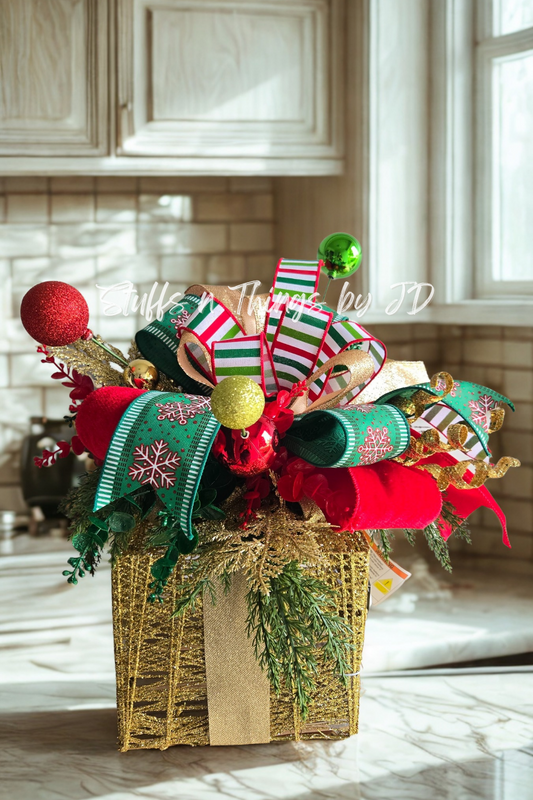 Light Up Christmas Gift Box Centerpiece – Holiday Table Décor with Ribbons & Ornaments, Festive Mantel or Entryway Decoration