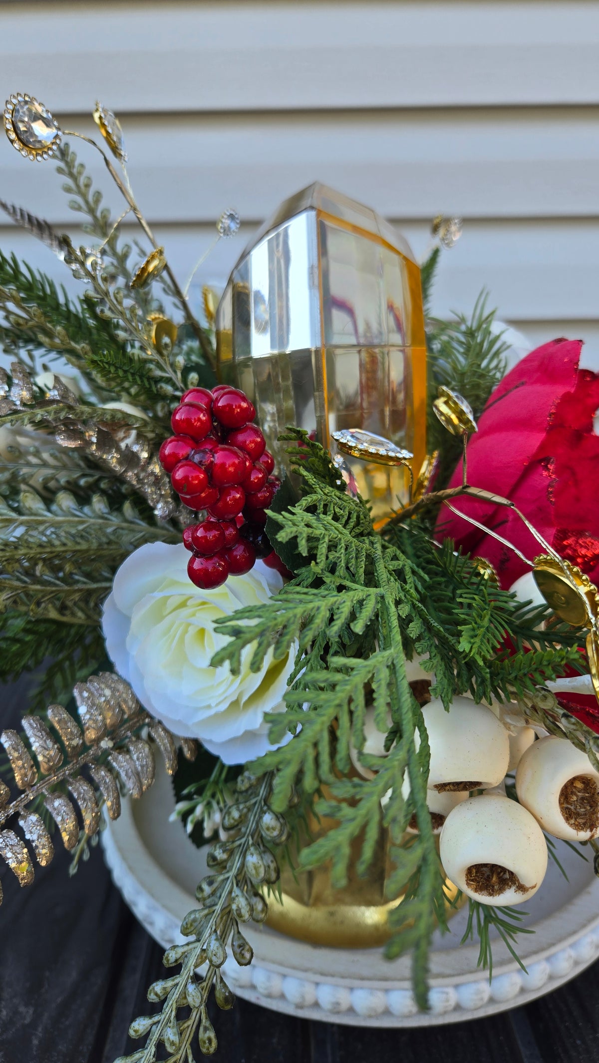 Red & Gold Christmas Floral Centerpiece | Magnolia Holiday Arrangement | Luxury Table Decor