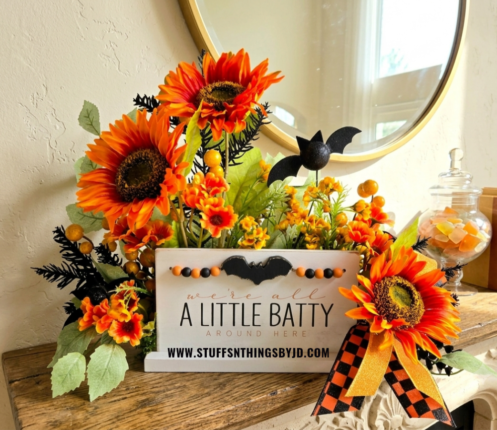 We're All a Little Batty Halloween Sunflower Floral Arrangement | Halloween Table Centerpiece