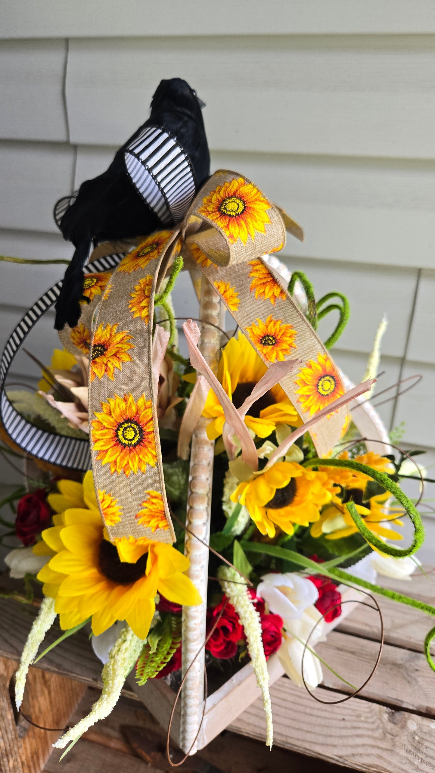 Lantern Arrangement – Halloween Fall Décor with Rustic Lantern, Sunflowers, Skeleton & Raven Accent