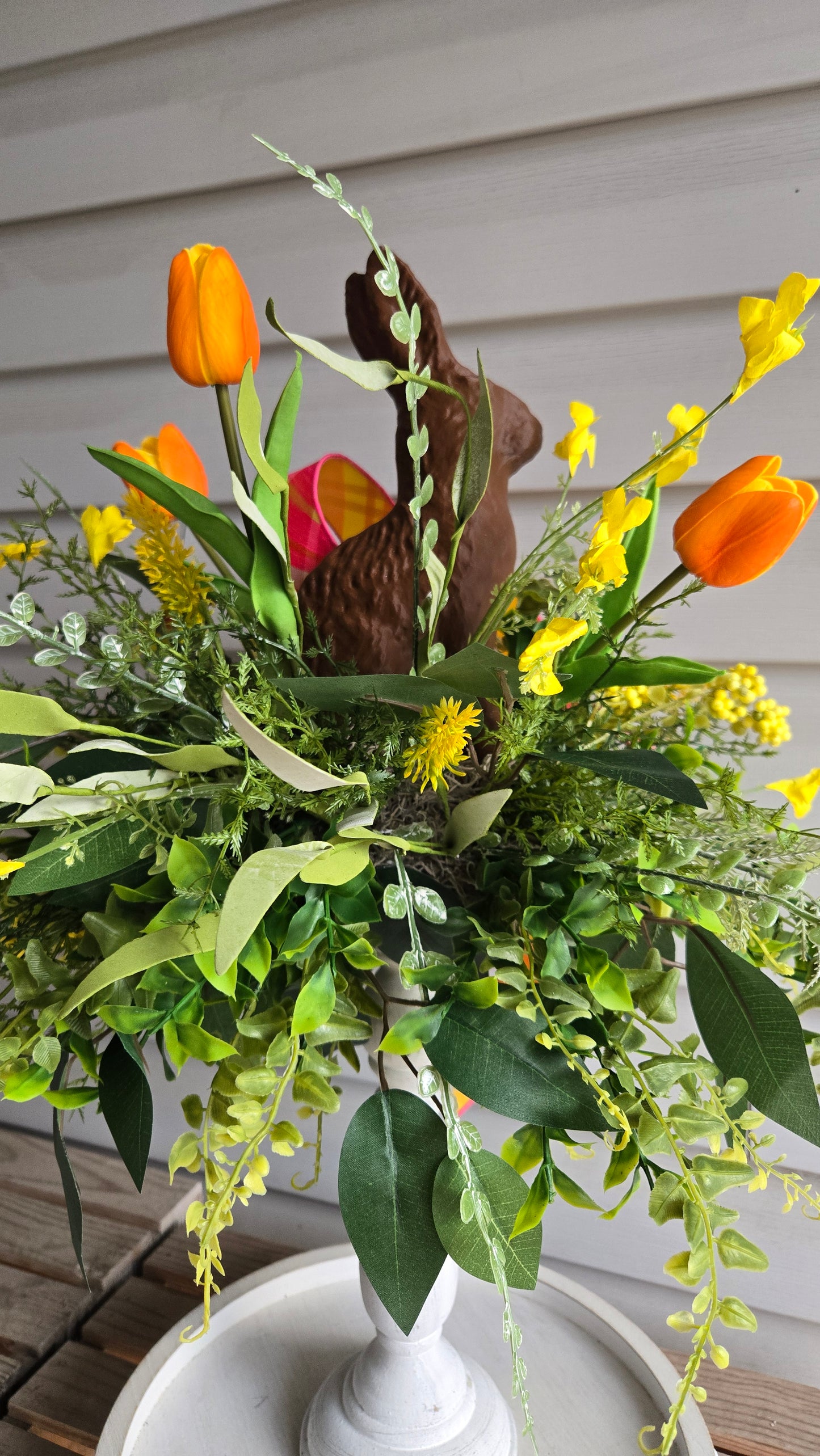 Chocolate Bunny Candlestick Easter Centerpiece | Spring Floral Arrangement with Tulips