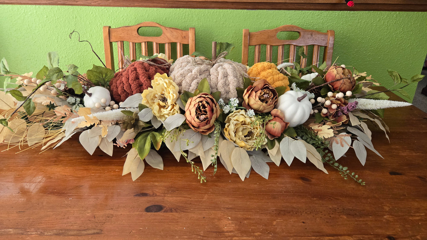 Fall Pumpkin Centerpiece or Door Swag – Rustic Harvest Décor with Handmade Knit Pumpkins