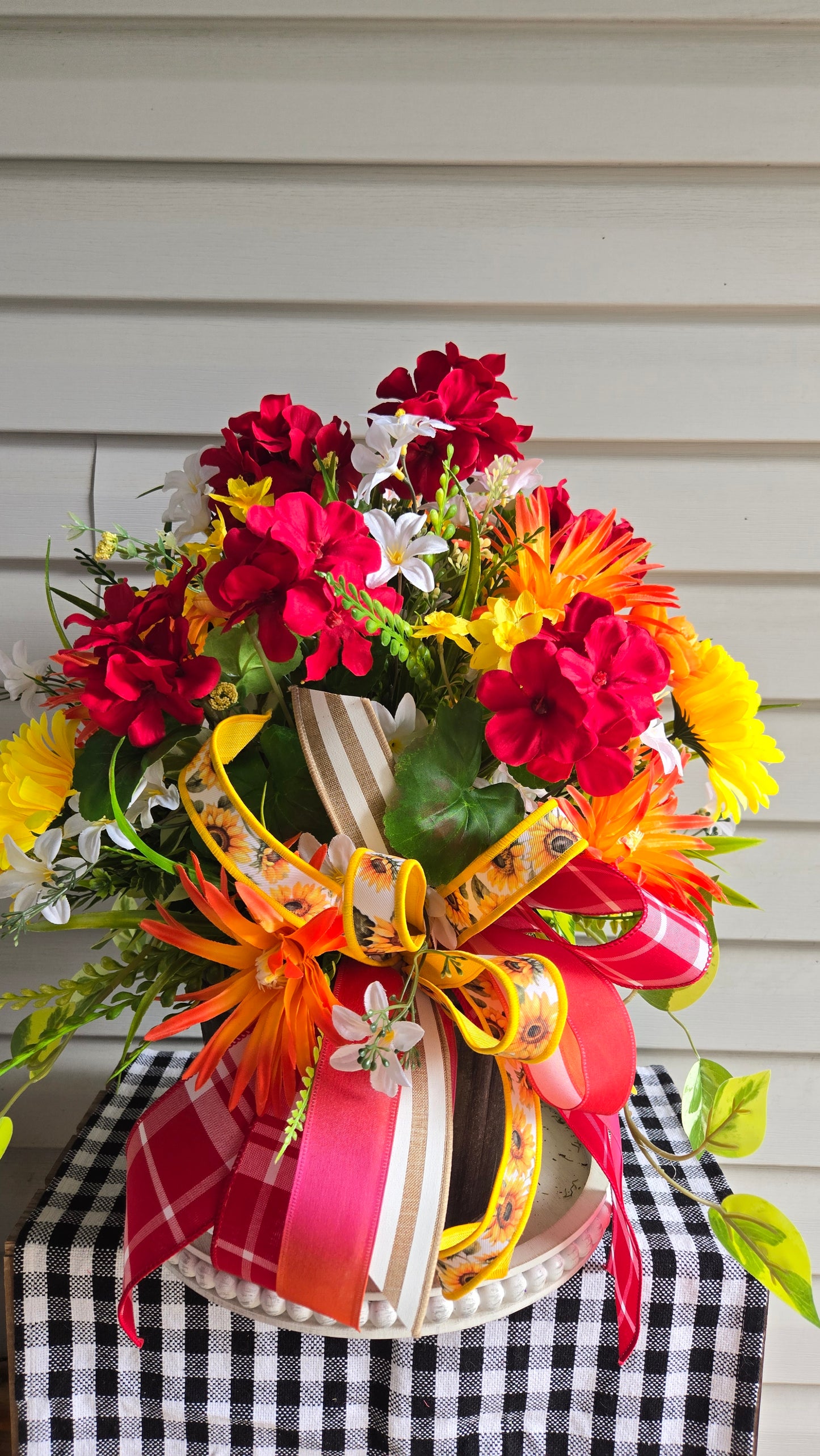 Sunflower & Geranium Faux Flower Arrangement in Rustic Wood Planter