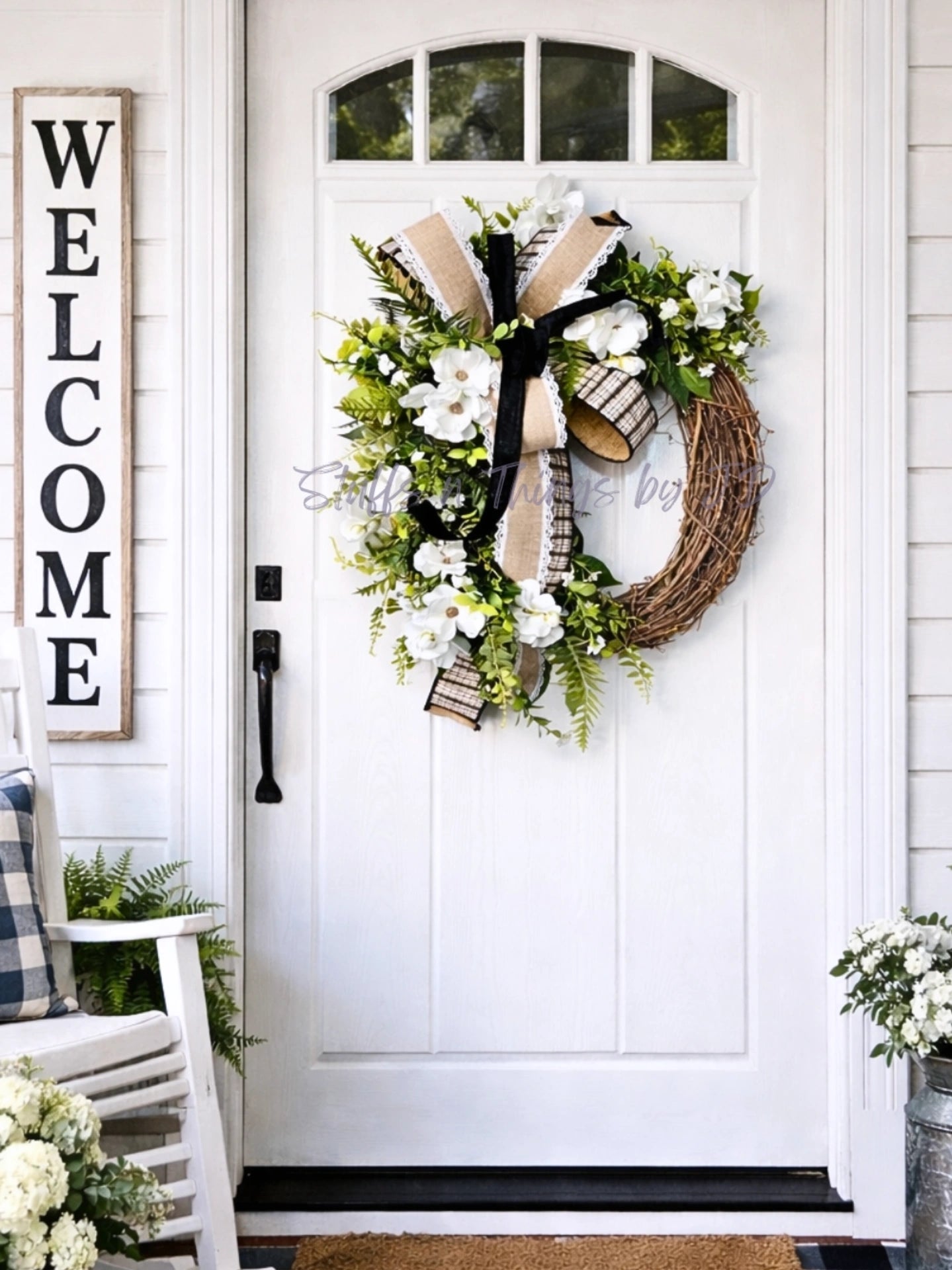 Everyday Wreath - Farmhouse Butterfly Ranunculus with Black and Burlap Bow