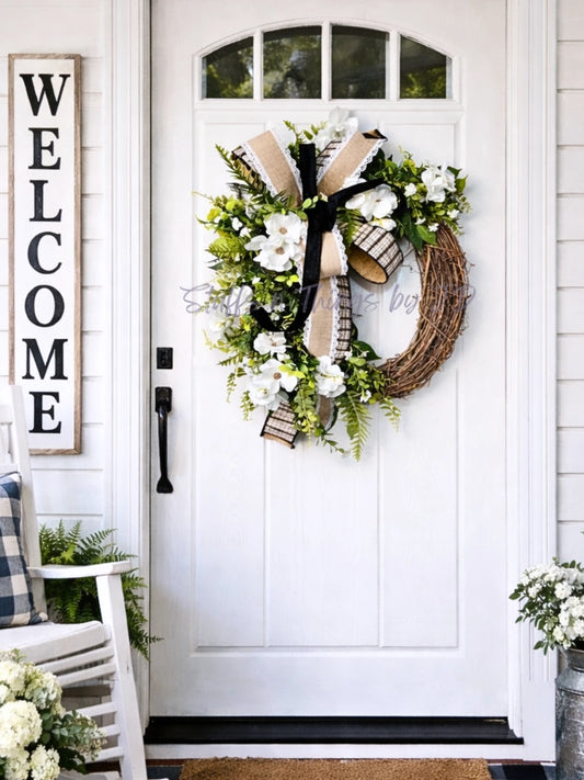 Everyday Wreath - Farmhouse Butterfly Ranunculus with Black and Burlap Bow