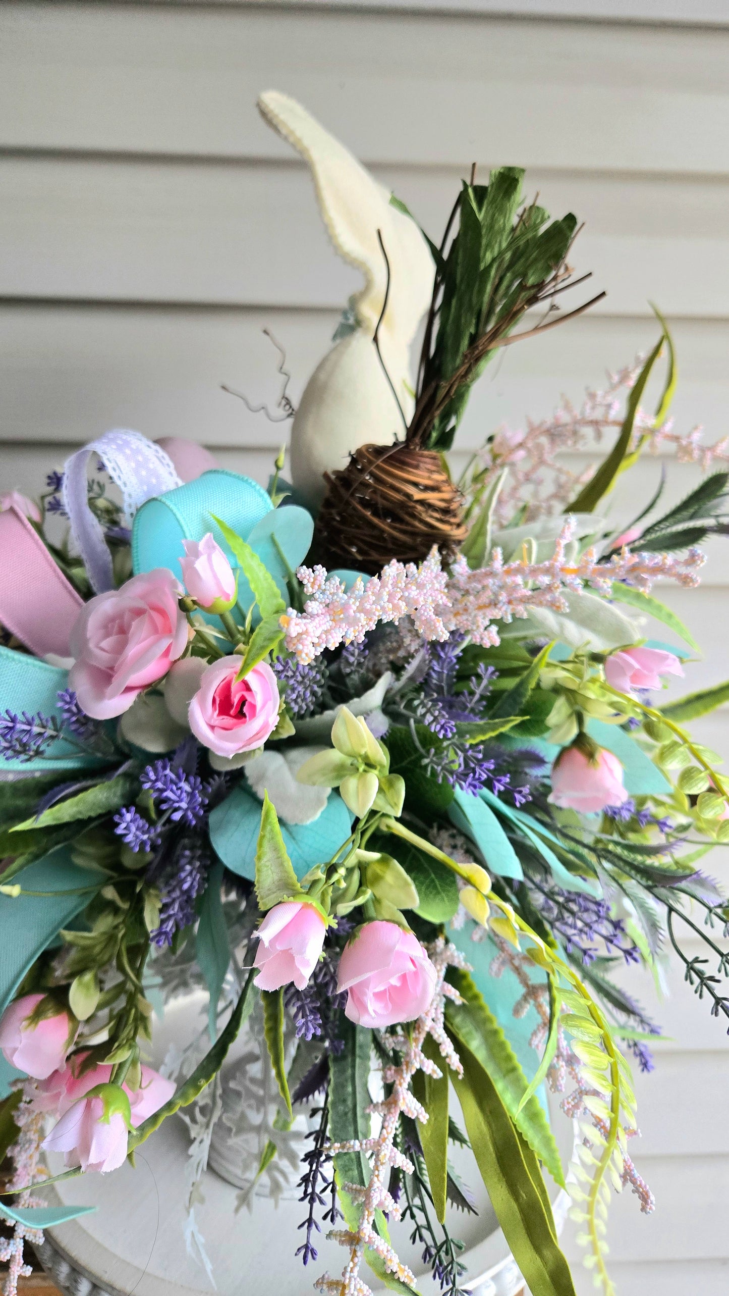 Easter Bunny Candlestick Arrangement | Spring Floral Centerpiece | Pastel Easter Decor | Tabletop Easter Decoration