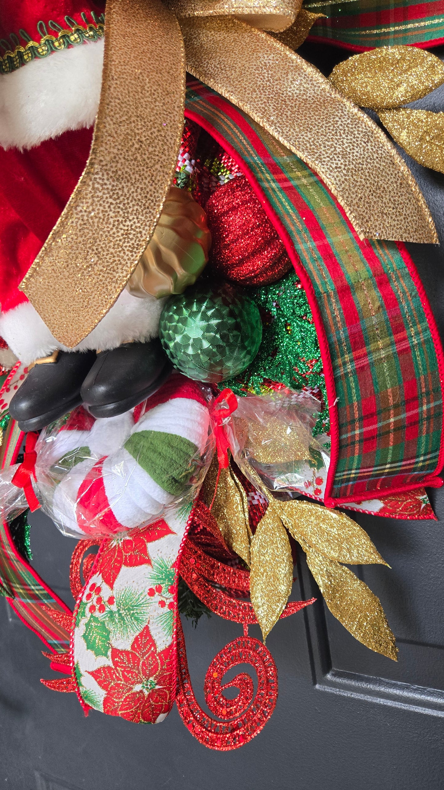 Santa Claus Christmas Swag – Holiday Door Swag with Santa Figurine, Ribbons, Candy Canes & Ornaments