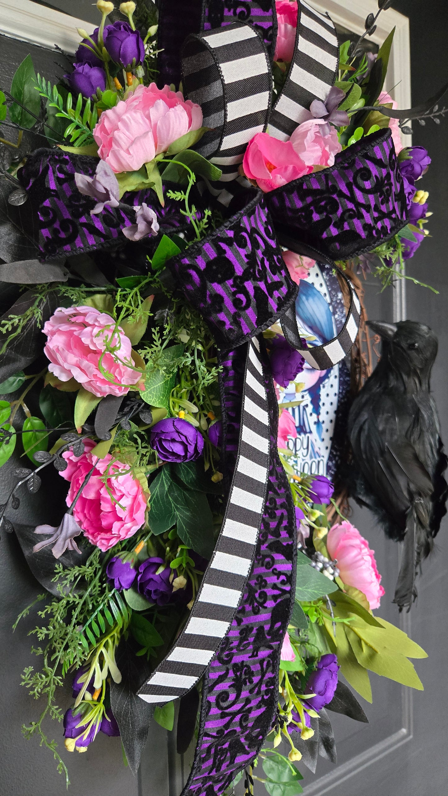 Happy Halloween Girl Wreath | Raven Halloween Door Decor with Peonies, Ranunculus & Black Foliage