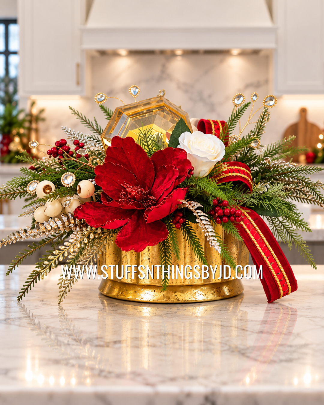 Red & Gold Christmas Floral Centerpiece | Magnolia Holiday Arrangement | Luxury Table Decor