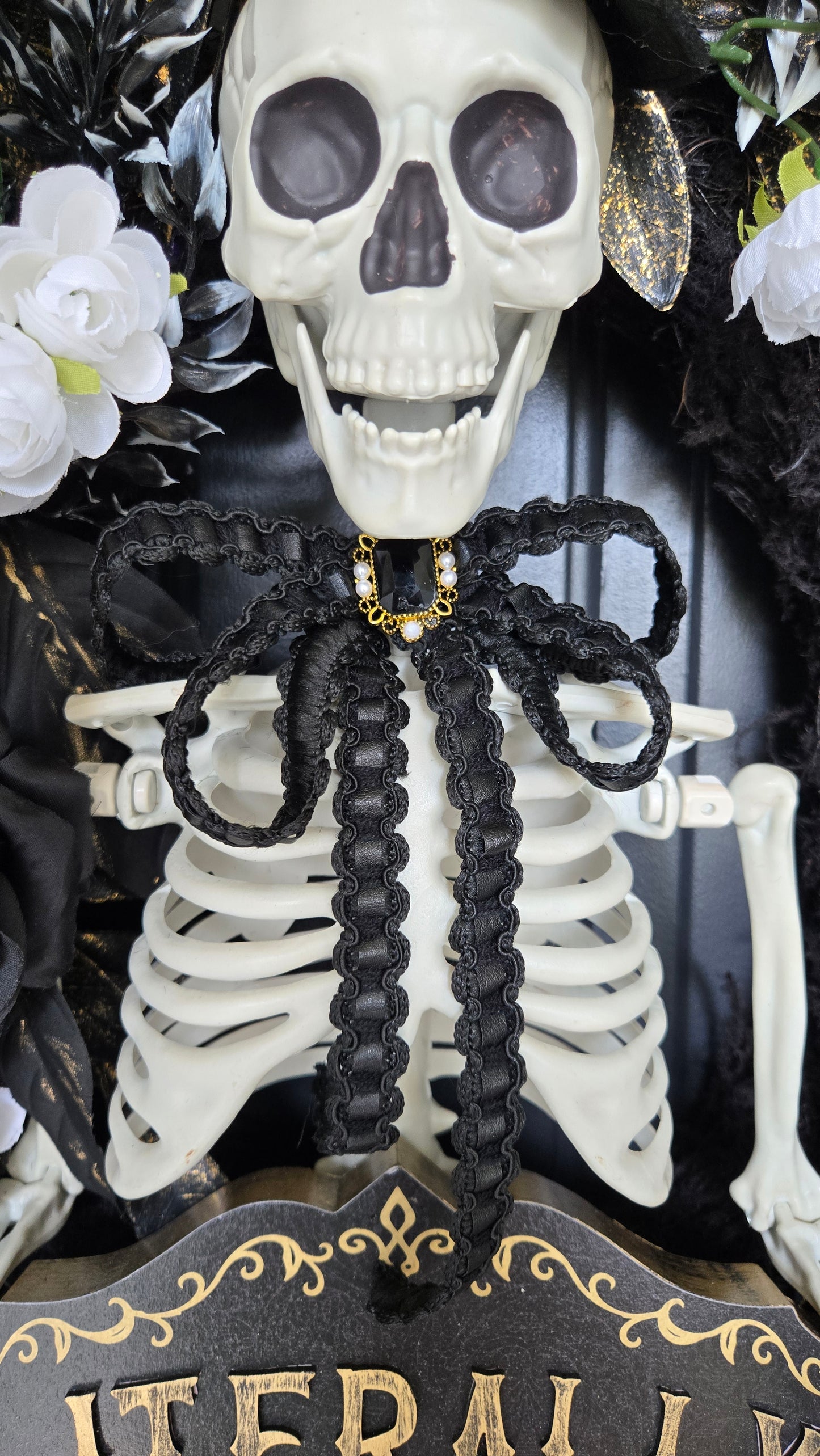 Literally Dead Skeleton Halloween Door Wreath | Large Black, White & Gold Gothic Halloween Decor