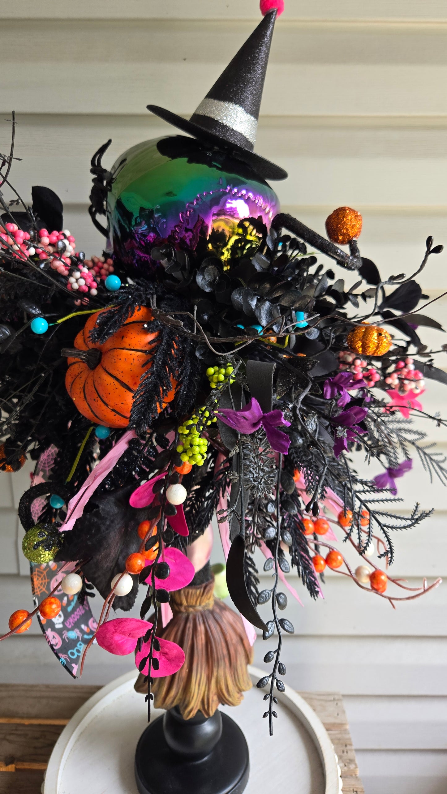 Halloween Witches Broom Skull Centerpiece | Colorful Witch Hat Table Decor | One-of-a-Kind Spooky Arrangement