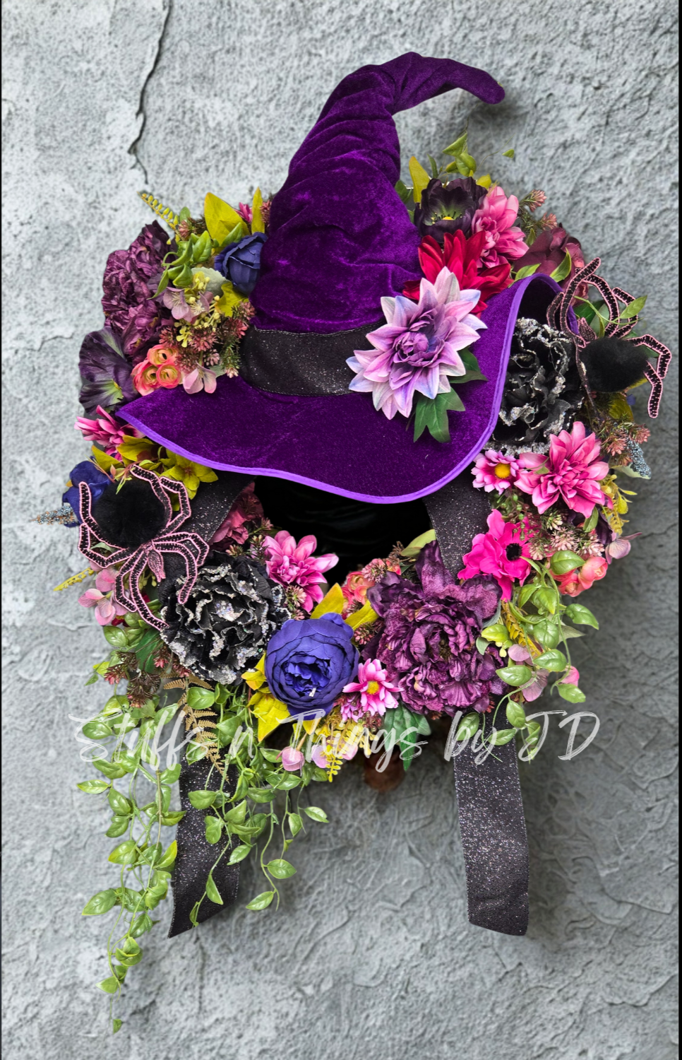 Halloween Wreath – Witch Hat Floral Grapevine Door Decor with Velvet Hat, Spiders, and Fall Blooms